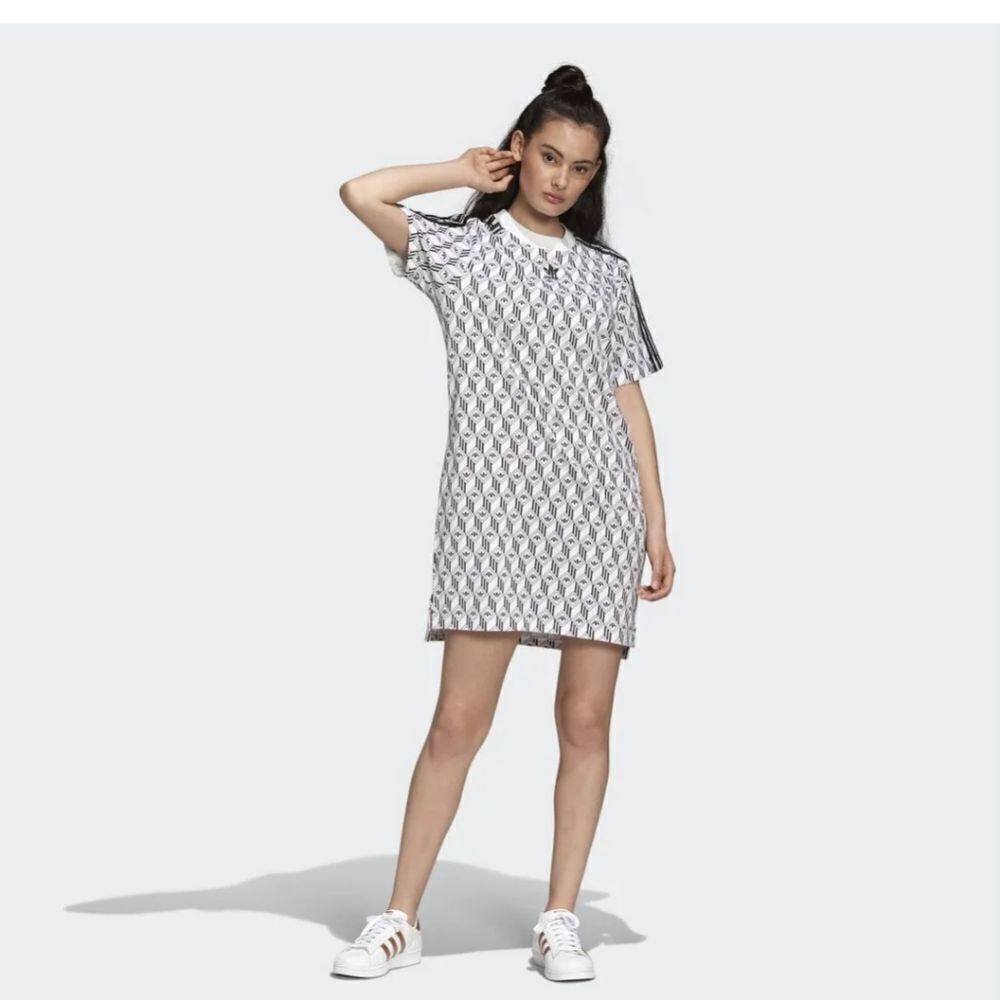 Adidas Originals Mono Print Tee Dress – Black & White, Stretchy, Size Small